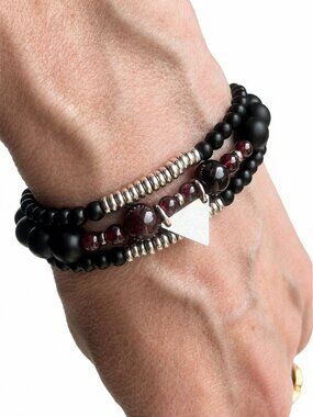 Samata Stones Matte Onyx Garnet Beaded Bracelet Stack 3pc Set